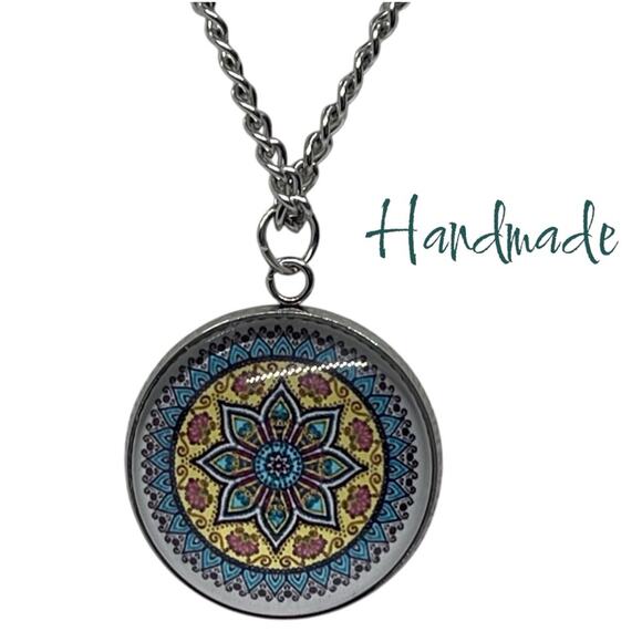 Handmade Teal Yellow Red Silver Mandala Pendant Necklace & Earrings Set NWT OS - Picture 1 of 6